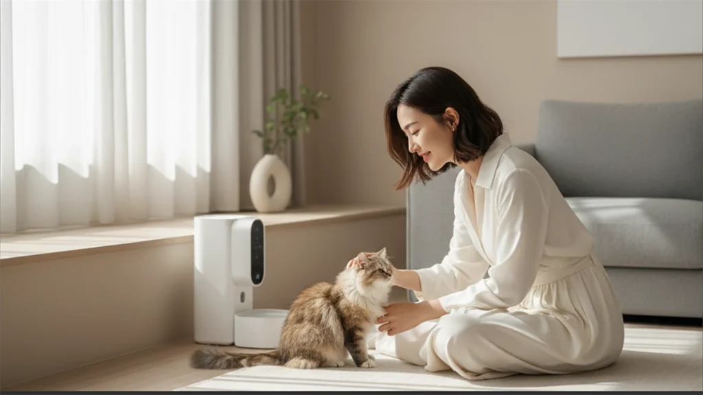 Snny interacting with a cat in a minimalist living room featuring smart pet tech.