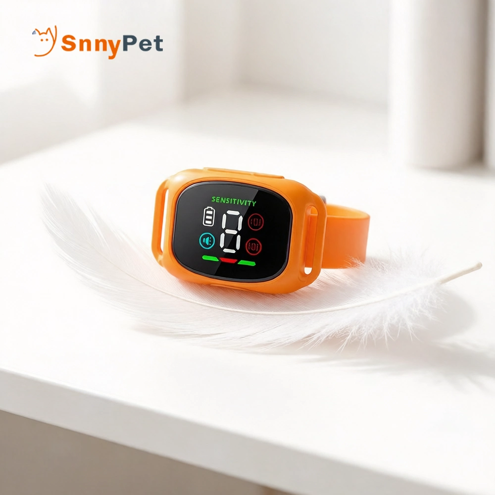 The vibrant orange SnnyPet Q12 collar resting on a white feather to demonstrate its 58g ultra-lightweight design.