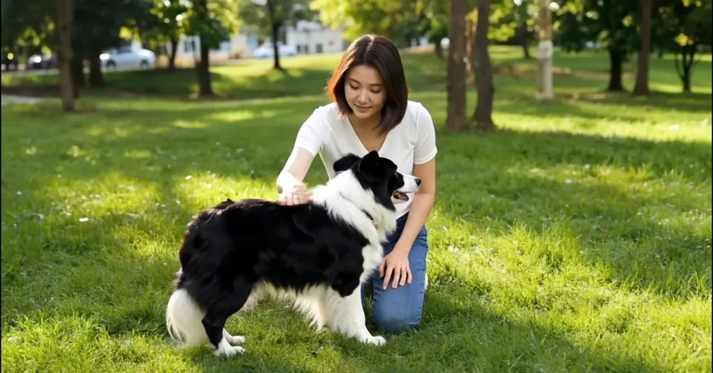 Co-founder Snny bonding with a Border Collie in a sunlit park, representing the "Inspired by Love" core philosophy of SnnyPet premium pet brand.