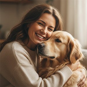 Happy pet mom Jessica W hugging her golden retriever - SnnyPet customer review