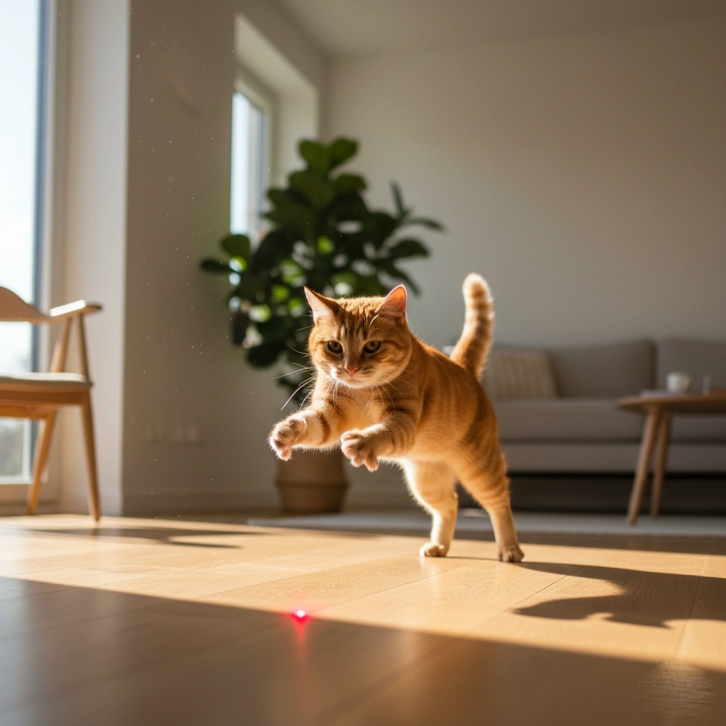 A cat leaping mid-air in a sunny living room to catch a red laser dot, demonstrating the SnnyPet exercise feature.