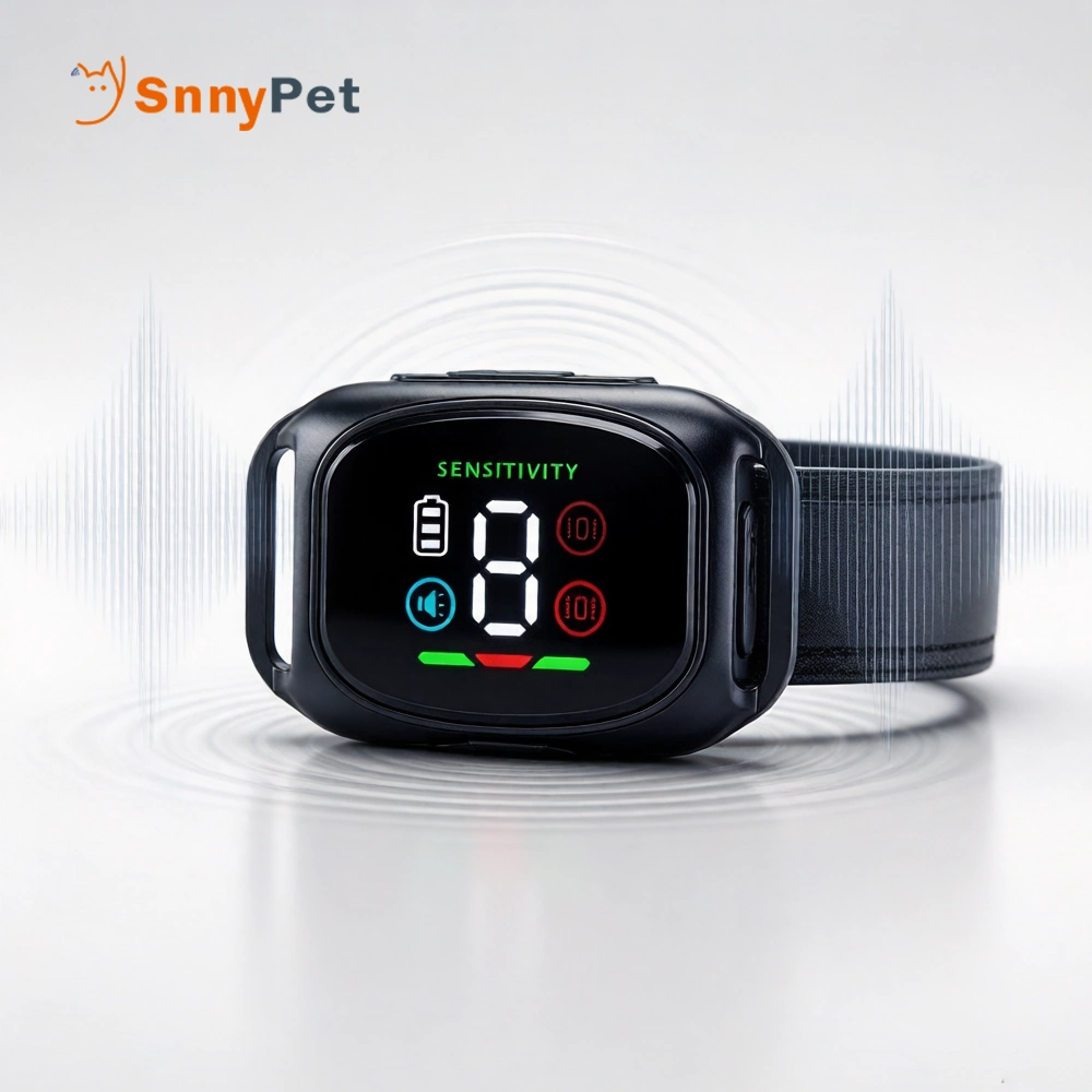 A minimalist shot of the black SnnyPet Q12 module with digital wave overlays showing the smart noise filtering technology.