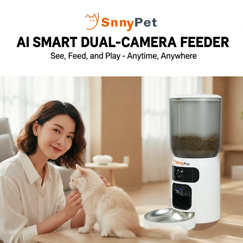 SnnyPet AI Smart Feeder with Dual Camera in a modern living room.