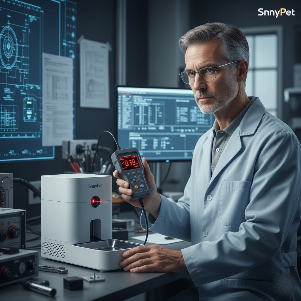 Close-up macro shot of the SnnyPet camera lens showing the safety sensors and laser emitter.