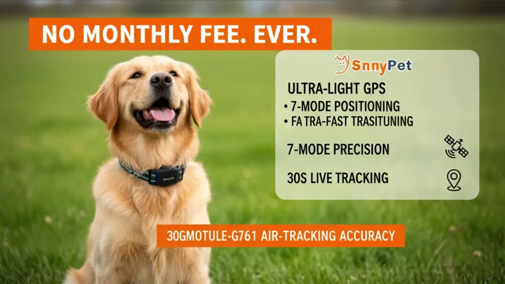 Golden Retriever wearing SnnyPet G761 Air-Track GPS. Video cover highlighting zero monthly subscription fees and 30s real-time tracking capability. Click to play.