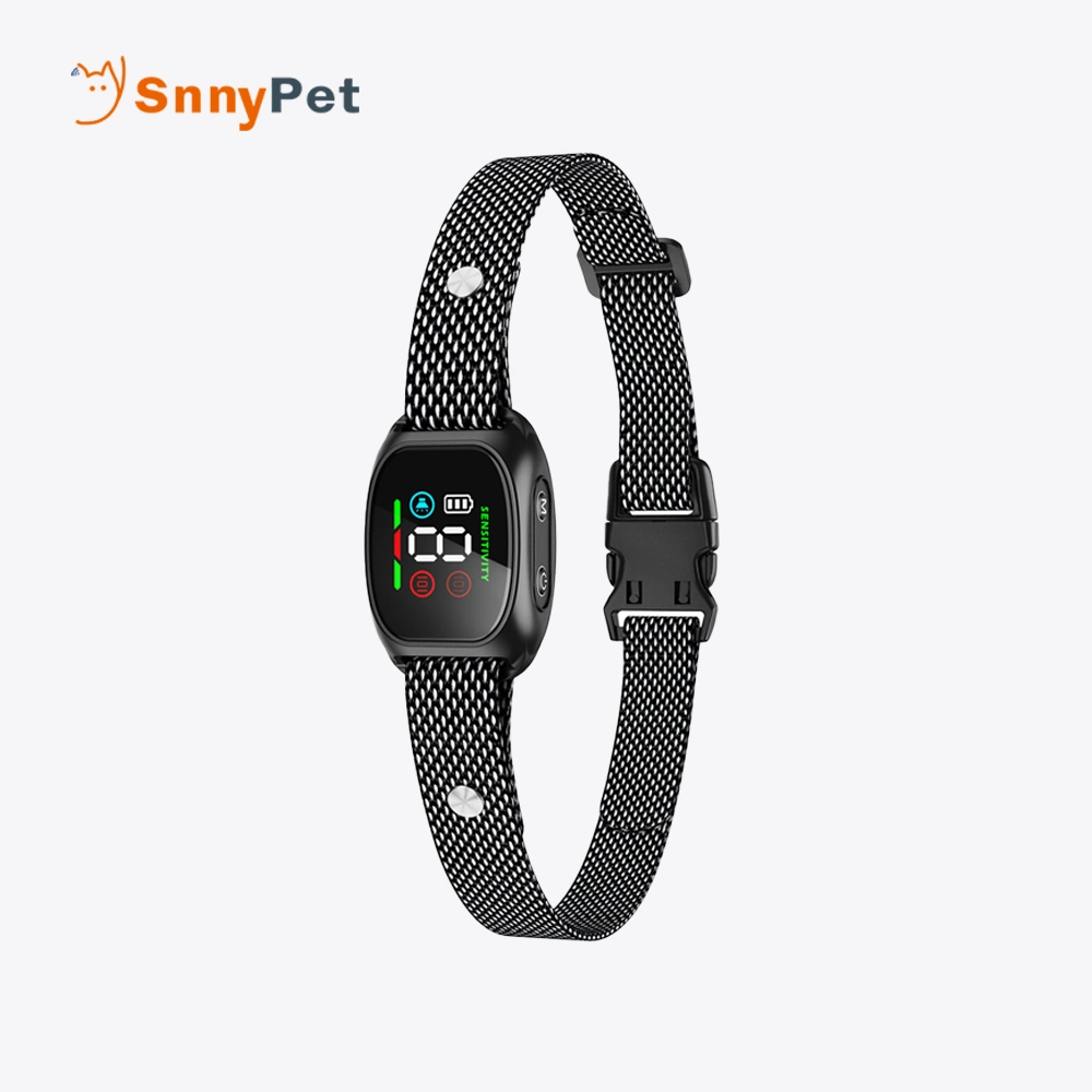 A high-end macro shot of the SnnyPet Q12 Midnight Black smart collar, showing the sleek electronic module and medical-grade silicone texture on a clean minimalist gray background.