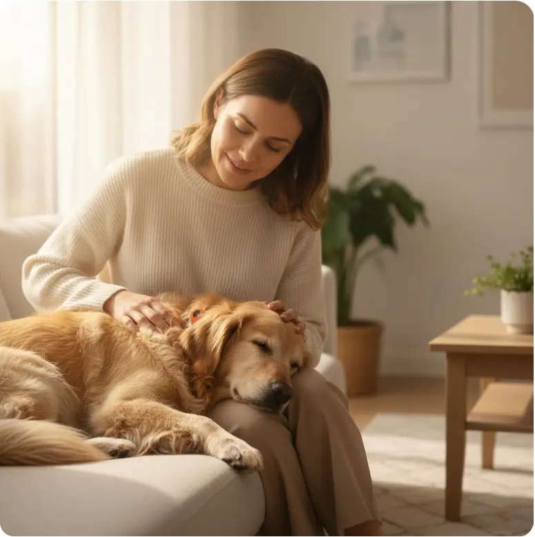 A peaceful lifestyle scene of Snny petting a calm Golden Retriever wearing the SnnyPet Q12 shock-free orange bark collar, emphasizing humane and gentle pet training.