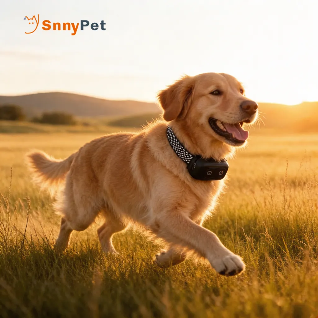 A dog wearing an orange SnnyPet Q12 collar in a sunset field, representing the 15-day long-lasting battery life and outdoor durability.