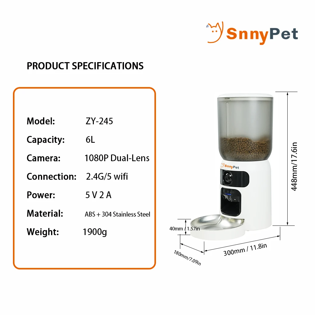 Technical specifications and dimensions for SnnyPet ZY-245 Smart Vision Feeder including 6L capacity and 1080P dual-lens camera