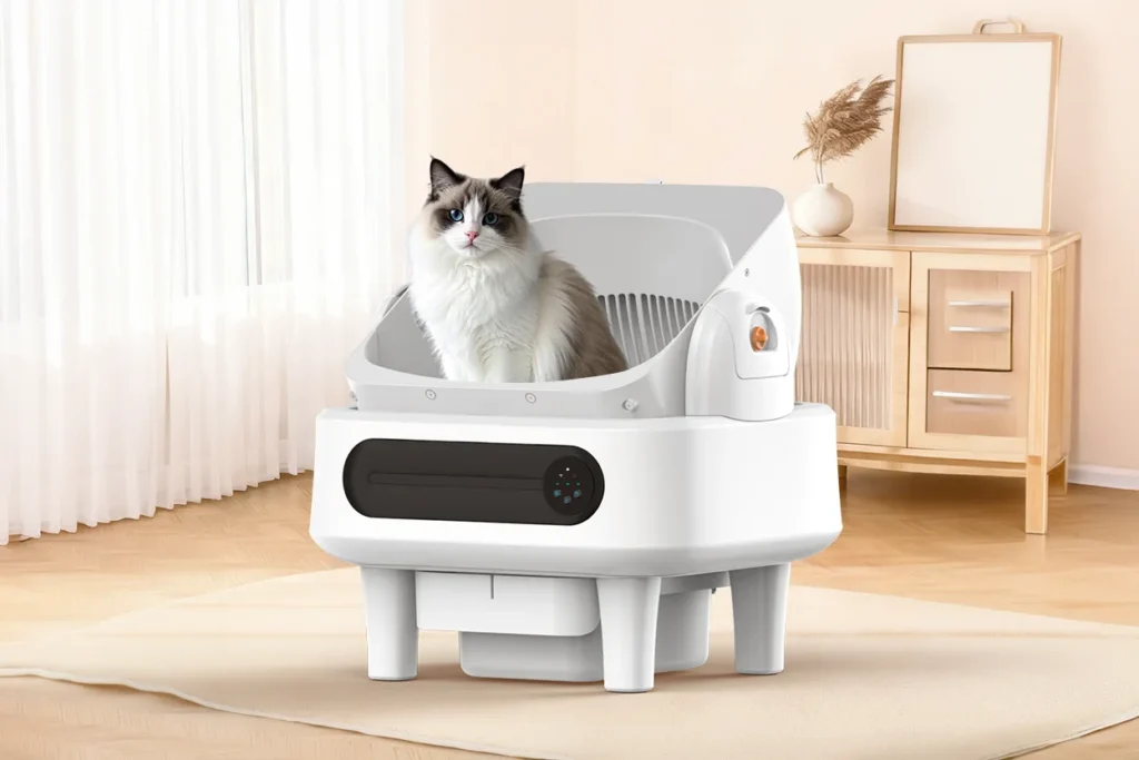 Minimalist AI self-cleaning litter box in a sunlit bathroom, tracking cat wellness.