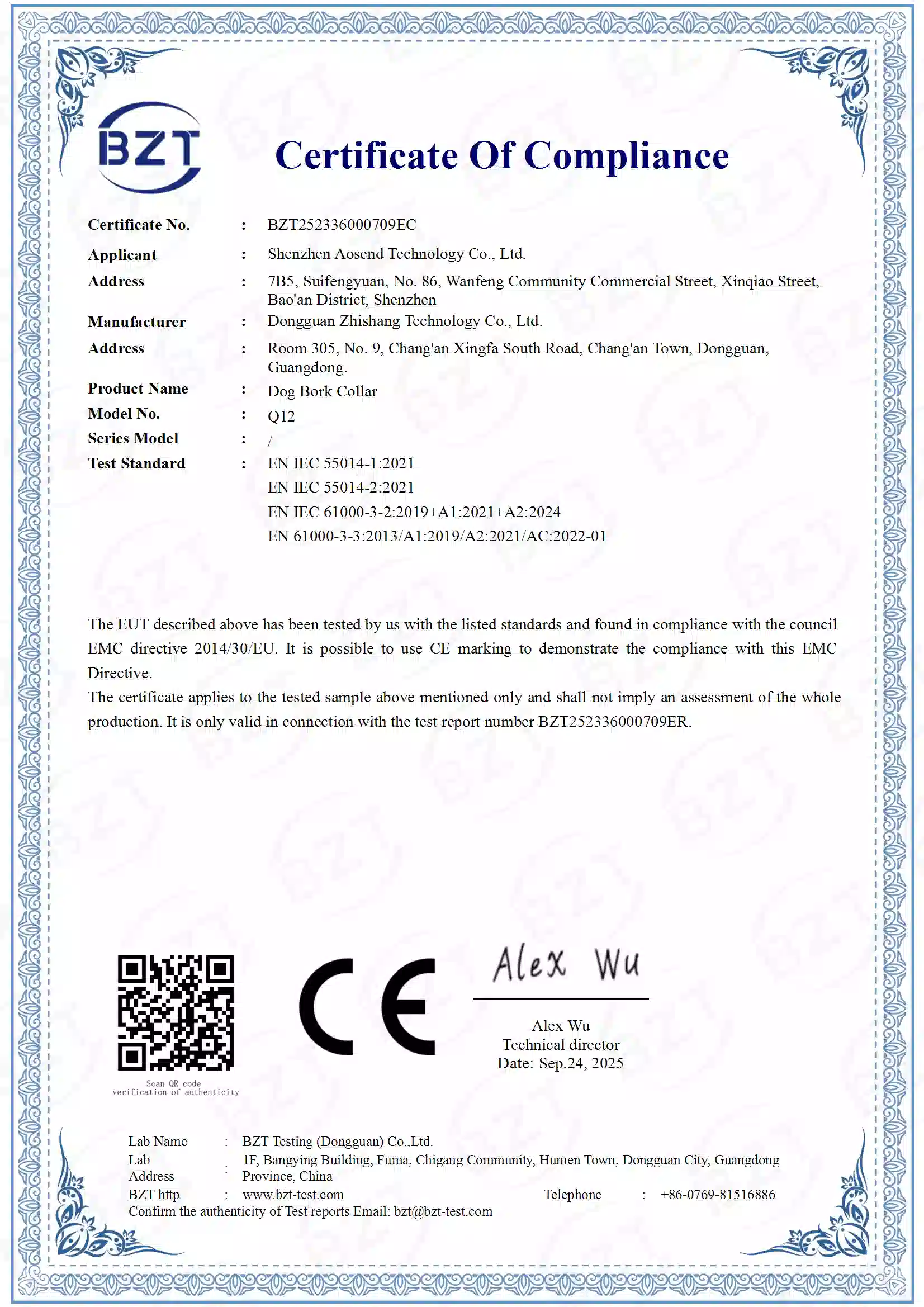 SnnyPet Q12 Smart Bark Guardian CE EMC Certification BZT252336000709EC