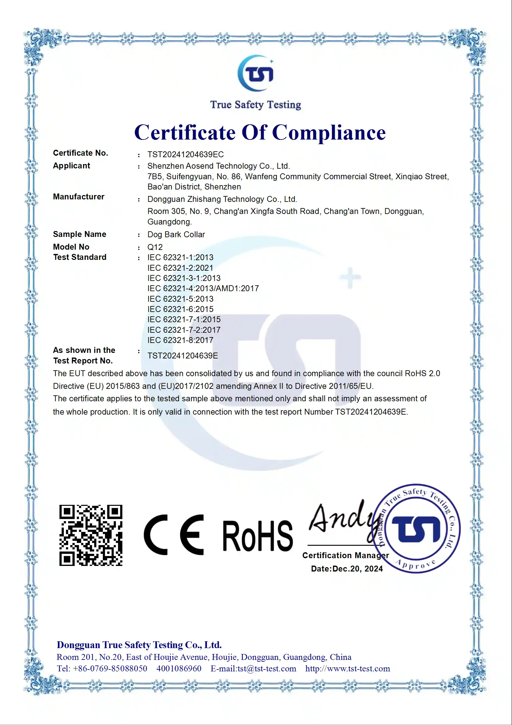 SnnyPet Q12 Bark Collar RoHS Environmental Directive TST20241204639EC