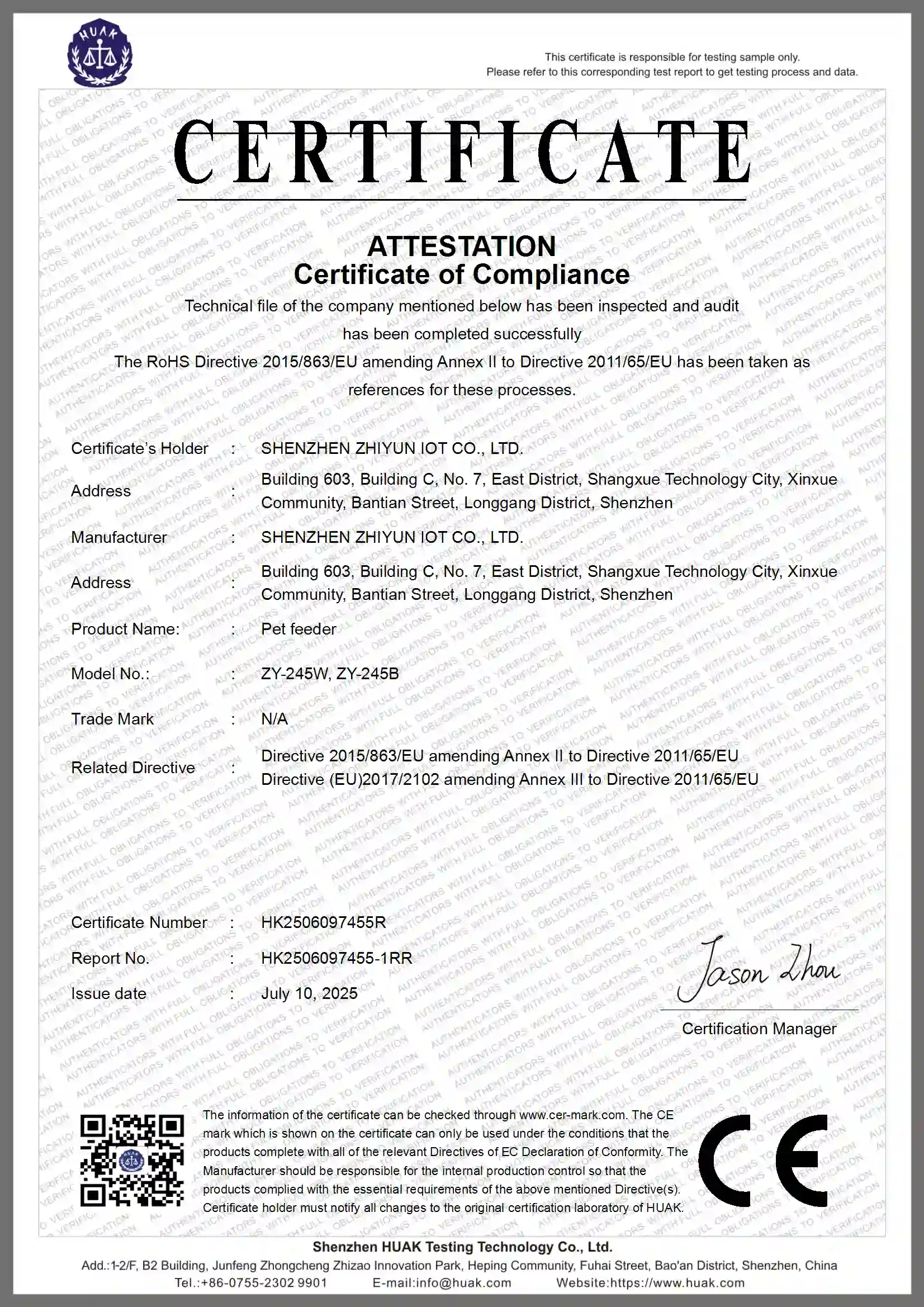 SnnyPet ZY-245W Smart Pet Feeder CE and RoHS Compliance Certificate HK2506097455R