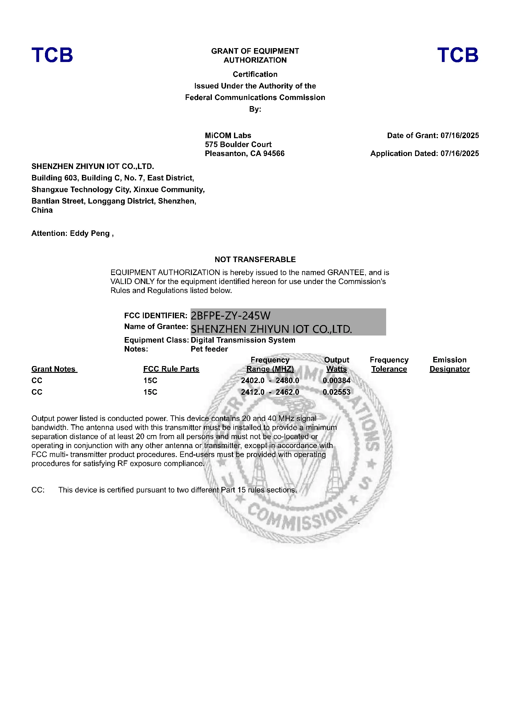 SnnyPet ZY-245W Pet Feeder FCC ID 2BFPE-ZY-245W Equipment Authorization