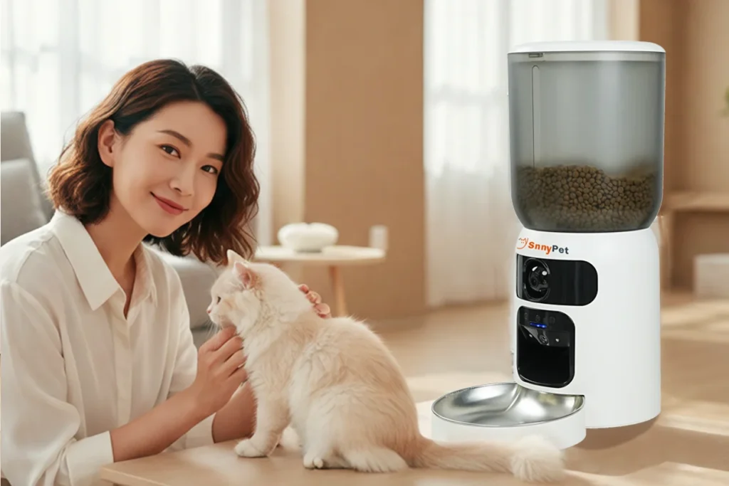 Smartphone app interface showing dual-camera view from a smart pet feeder, monitoring both room and food bowl.