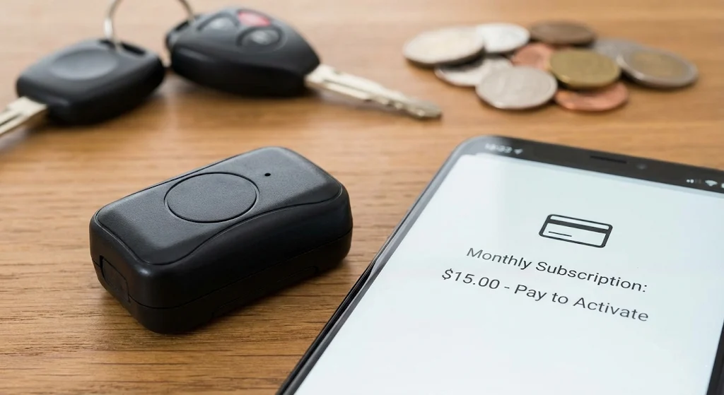 A generic black GPS tracker sits next to a smartphone displaying a $15.00 monthly subscription payment screen, illustrating hidden costs.
