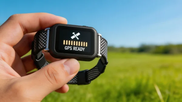 A close-up of SnnyPet G761 GPS collar screen showing a strong satellite signal lock for accurate dog fence boundary setup.