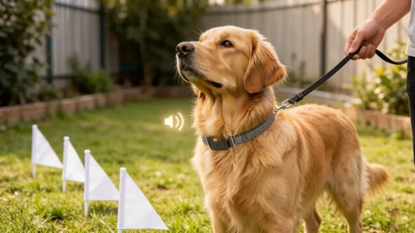 A Golden Retriever wearing a SnnyPet G761 GPS collar listens to a warning beep near white boundary training flags in a backyard training session.