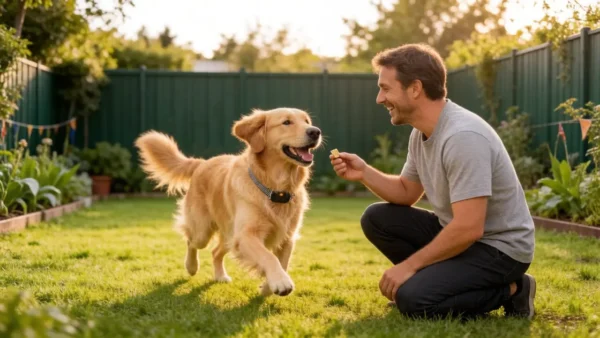 A happy Golden Retriever running back to its owner for a treat reward after hearing the SnnyPet G761 GPS fence warning beep.