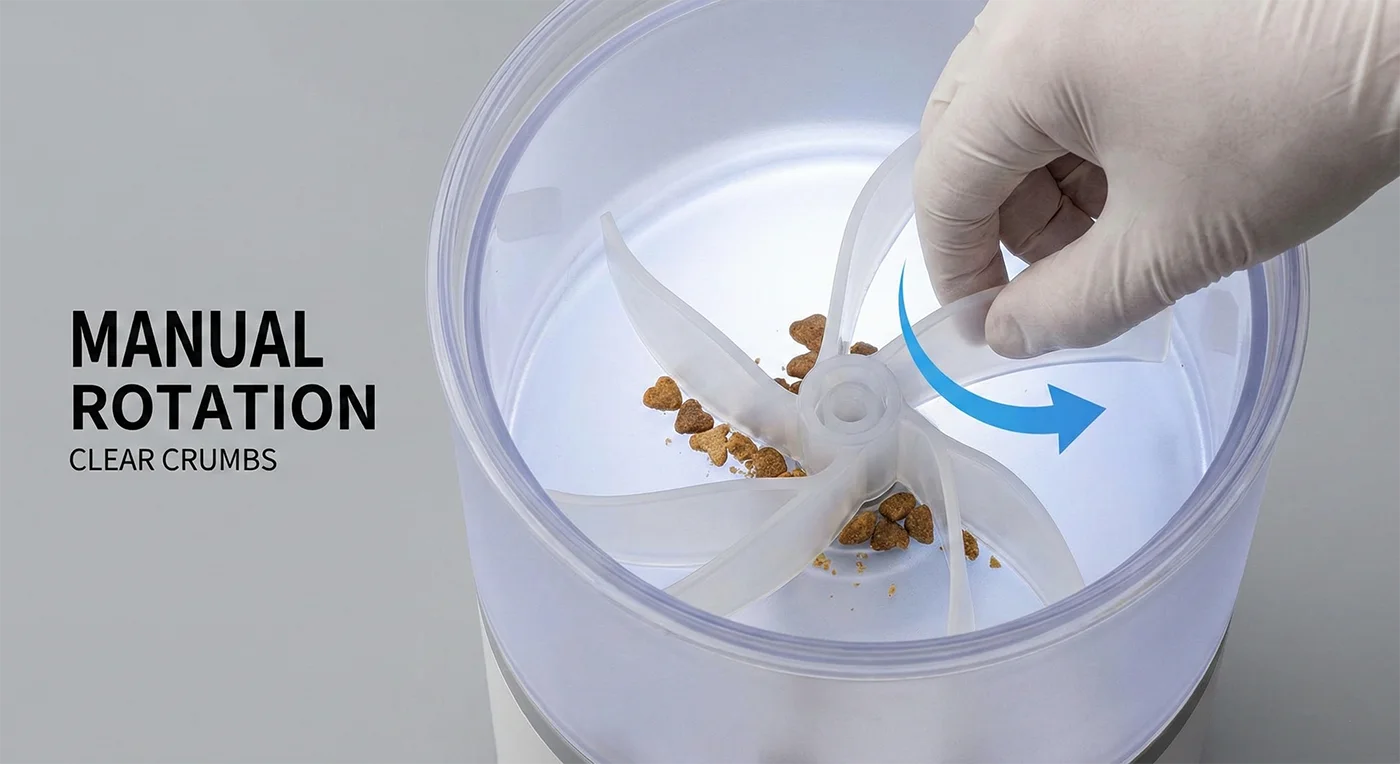 Close-up instructional view of the SnnyPet ZY-245 pet feeder hopper interior, showing a hand manually rotating the silicone blades to clear food crumbs and resolve a rotor jam.