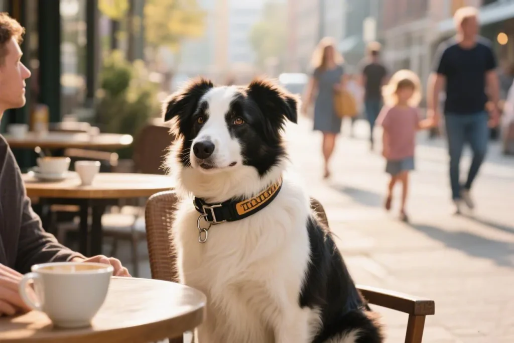 A well-behaved dog sitting calmly in a public cafe wearing a humane no-shock bark collar.