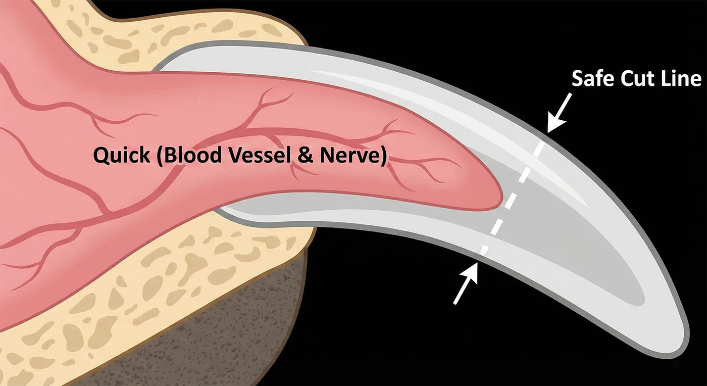 A medical-style anatomical illustration of a pet's nail, clearly identifying the pink 'Quick' (blood vessels and nerves) and a white dashed 'Safe Cut Line' positioned safely in front of it to prevent injury and bleeding.