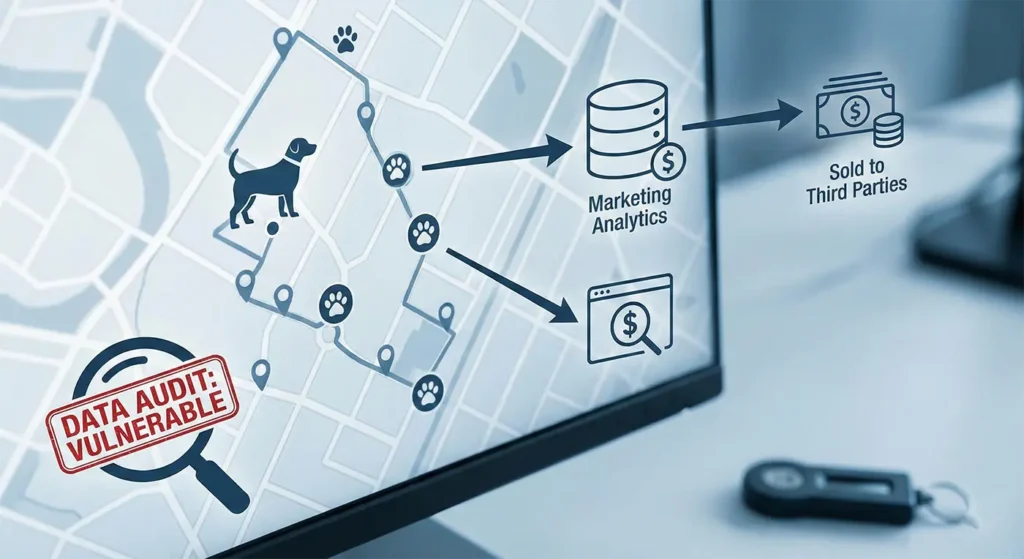 A computer screen displaying a data audit visualization where pet tracking map data is being sent to 'Marketing Analytics' and 'Sold to Third Parties'.