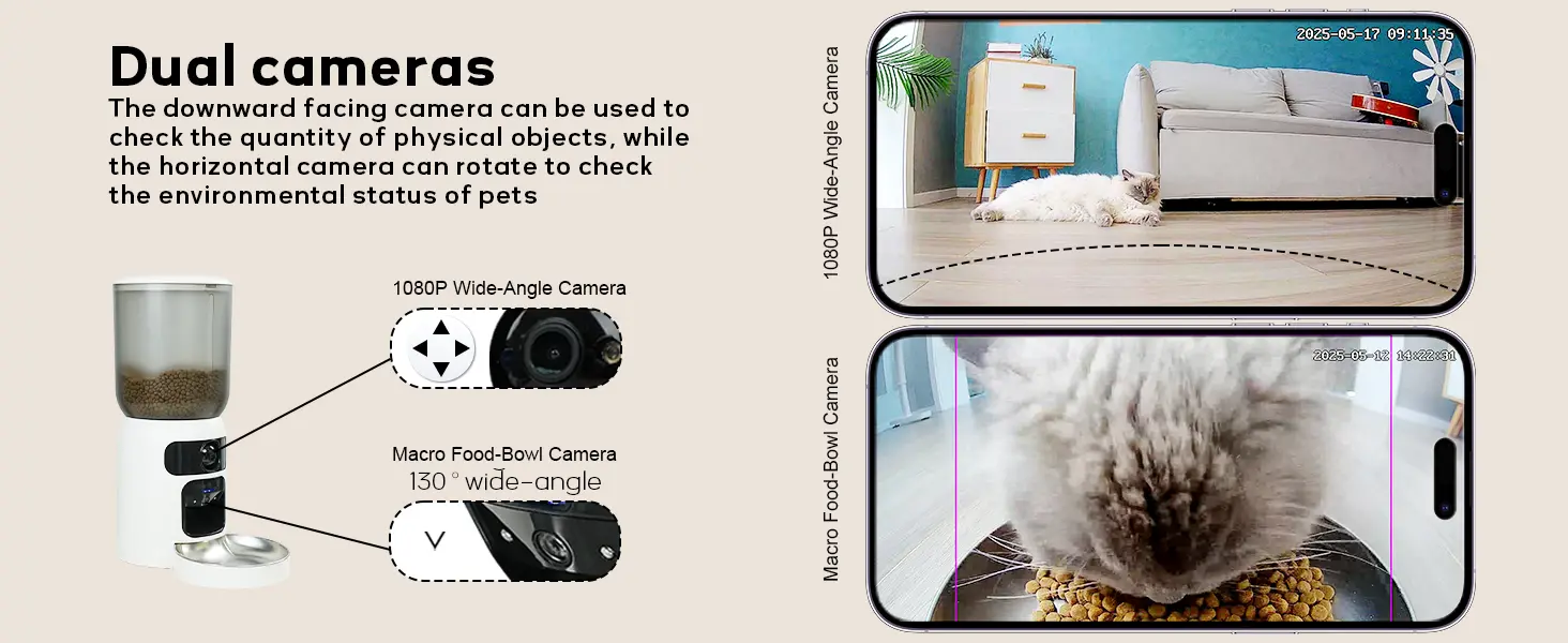 SnnyPet app interface showing dual camera monitoring: a 1080P wide-angle living room view with a cat and a macro downward view of the pet food bowl with kibble.