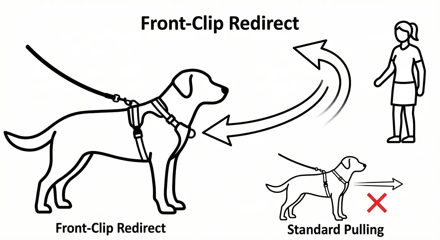 A minimalist line art diagram comparing a front-clip harness to a standard collar. Large arrows demonstrate how the front-clip attachment creates a lateral redirection force, safely steering a pulling dog back toward the owner to correct the pulling behavior.