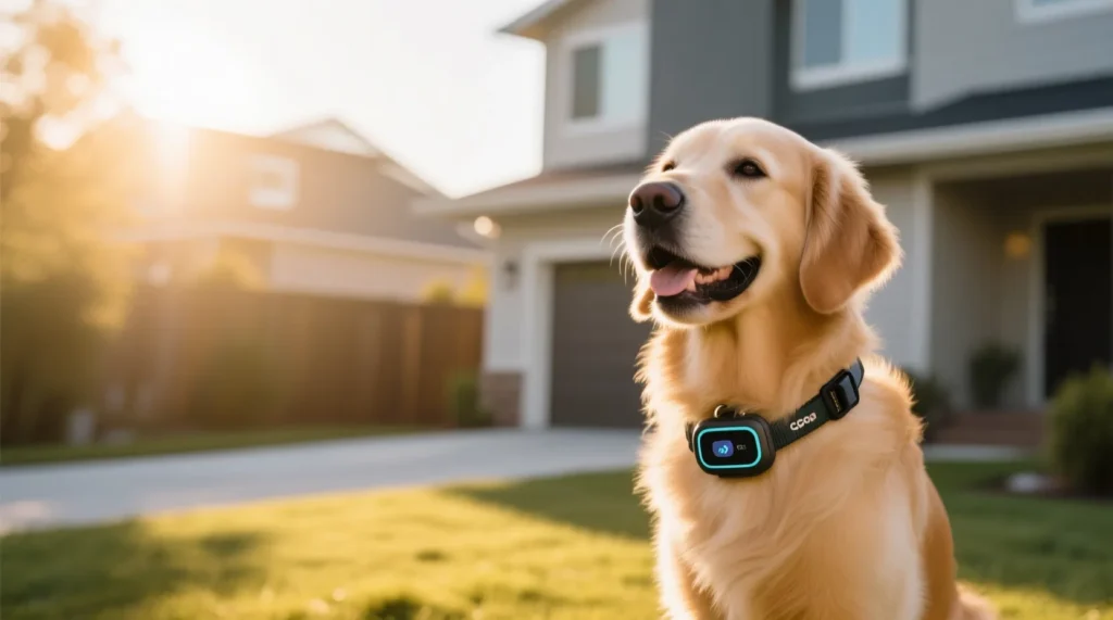 A dog wearing a SnnyPet G761 Smart GPS Fence collar in a wide open backyard for wireless boundary training.
