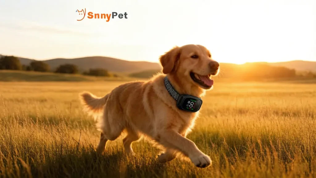 Active dog exploring a vast meadow wearing a SnnyPet G761 GPS tracker with no monthly fees.