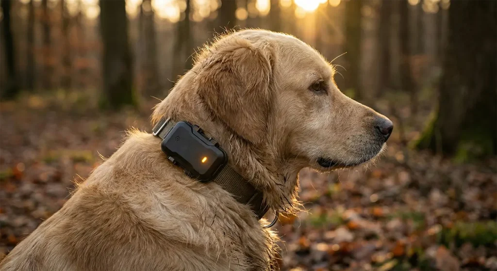 A Golden Retriever wearing a rugged SnnyPet G761 GPS tracker securely attached to its collar in a forest. An amber light indicates the 'Golden Hour' backup battery is active.