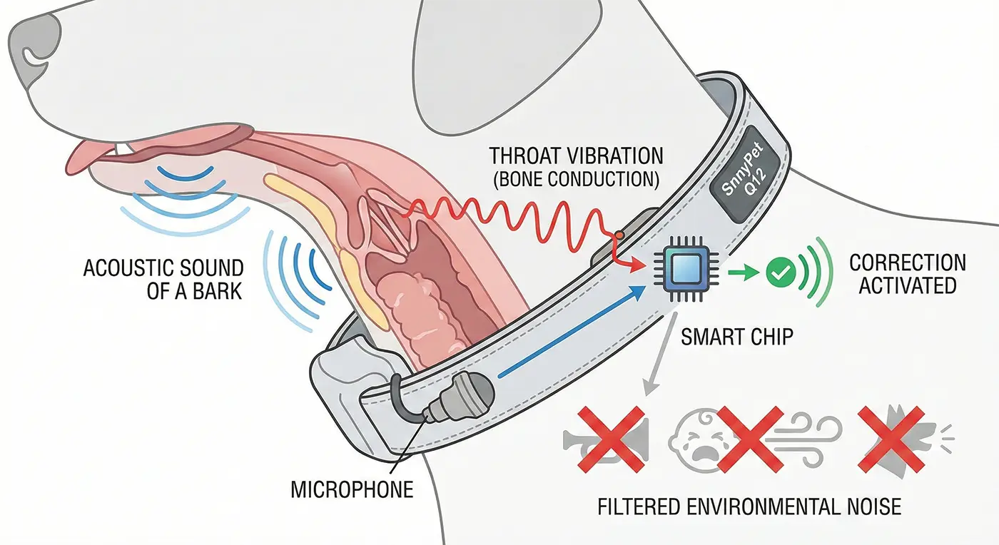 A technical diagram illustrating how the SnnyPet Q12 integrates throat vibration (bone conduction sensing) and acoustic microphone detection. Powered by a smart chip, it accurately identifies a dog's bark while effectively filtering out environmental noises like thunder or other dogs barking.