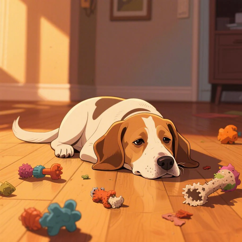 A bored and dejected dog resting head on paws, illustrating boredom barking behavior in Snnypet Q12 user training academy.