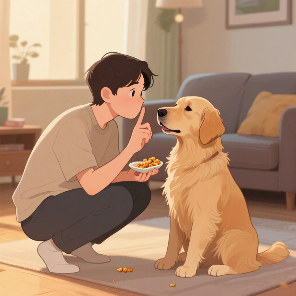 A dog owner training their dog to stay quiet using a verbal command and Snnypet Q12 collar feedback.