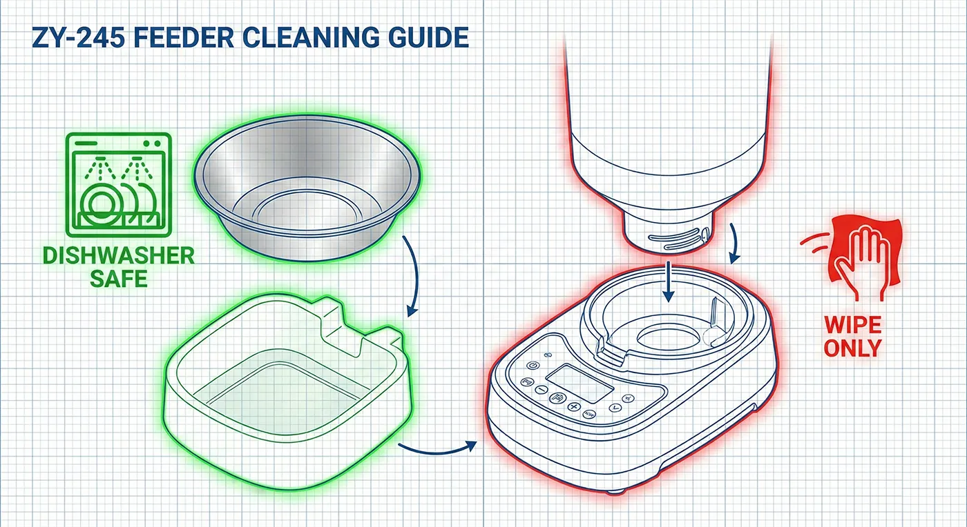 Technical diagram of the SnnyPet ZY-245 feeder showing dishwasher-safe parts (stainless steel bowl and plastic tray in green) and wipe-only electronic components (main body in red).