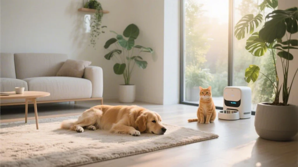 A peaceful modern home interior with a dog and cat resting comfortably, showcasing the harmony of 2026 smart pet technology.