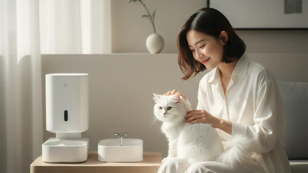 Macro shot of a smart pet water fountain with UV-C sterilization glowing softly.