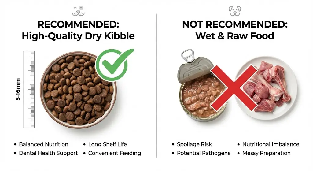 Infographic showing recommended dry kibble (5-16mm) and forbidden wet or raw food for automatic pet feeders like ZY-245.