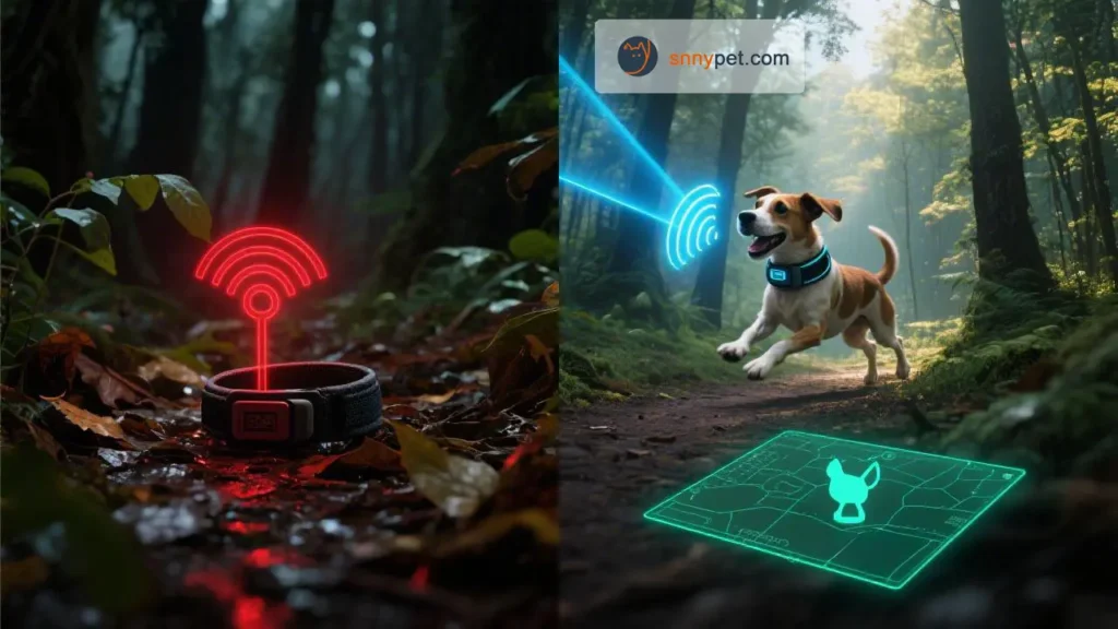 Visualizing the Ghosting Effect: Traditional 4G pet tracker signal failure in dense forest versus LTE-M signal penetration.