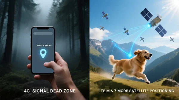 Comparison of traditional 4G pet tracker signal failure in dense forest versus SnnyPet G761 with LTE-M penetration and 7-mode GNSS precision.