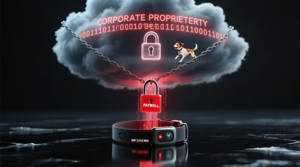 A conceptual photograph visualizing the 'Data Hostage' dynamics in pet tracking. Glowing streams of a dog's past trails and memories are being pulled from a collar and imprisoned behind a large digital lock and binary chains within a dark 'Corporate Proprietary Cloud Server'. The tracker is in 'Dumb Sensor Mode', illustrating how manufacturers restrict access to historical data behind a paywall.