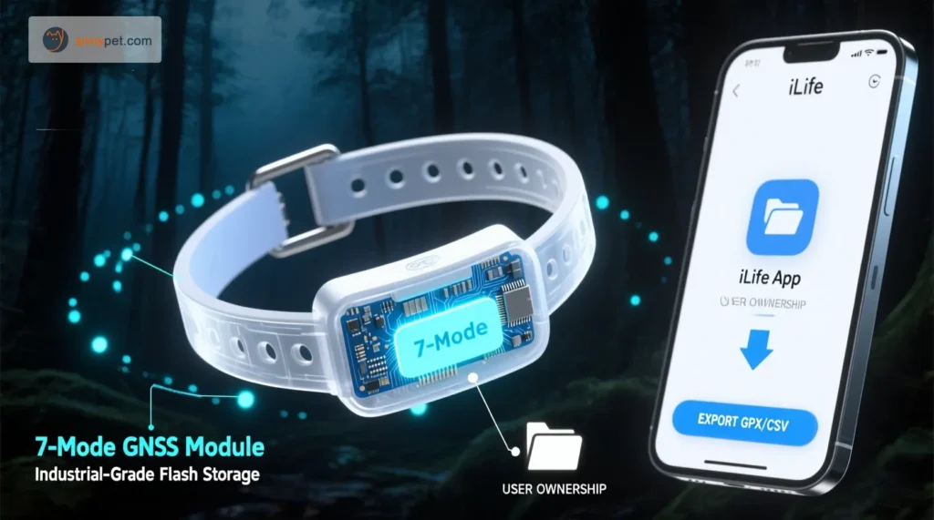 A technical 3D infographic of the SnnyPet G761 tracker showing the internal 7-Mode GNSS module and Industrial Flash Storage chip. The image demonstrates edge computing in signal dead zones and the iLife app's one-click GPX/CSV data export feature, highlighting data portability and hardware independence.