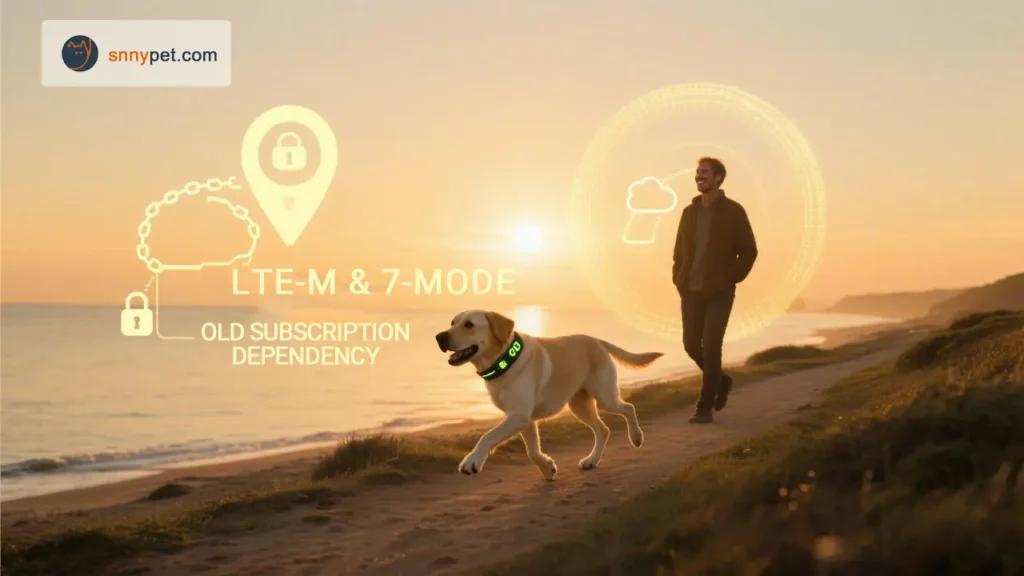 A cinematic photograph visualizing the conclusion of reclaiming hardware sovereignty with SnnyPet G761. A happy dog wearing the 'Honest Hardware' G761 tracker runs freely at sunrise, connected to its owner by an independent golden energy aura (7-mode positioning), symbolizing true peace of mind through ownership and an end to subscription captivity.
