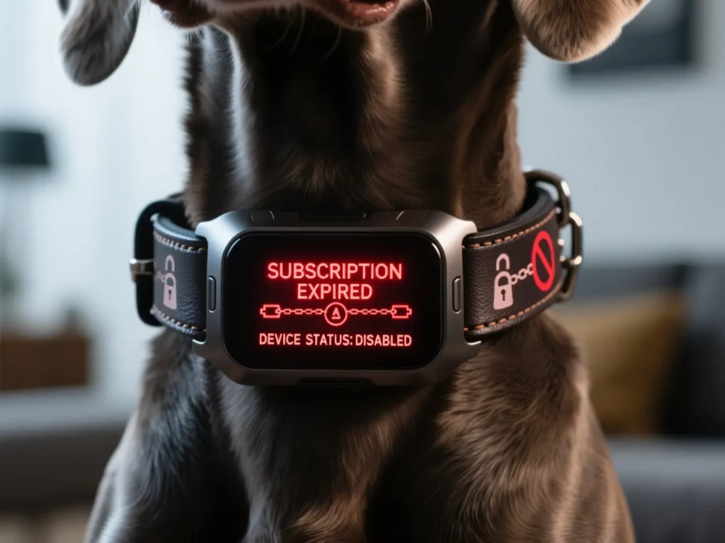 A close-up photograph of a high-end smart pet collar on a Weimaraner dog. The collar's integrated LED screen prominently displays the text: 'SUBSCRIPTION EXPIRED' and 'DEVICE STATUS: DISABLED' with a broken chain icon. Dramatic directional lighting highlights the texture. This image visualizes the hidden trap of hardware leasing and the resulting functional e-waste in the pet technology industry.