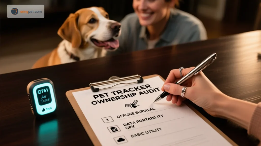 A conceptual photograph of a Pet Tracker Hardware Ownership Audit Checklist. A hand is about to check off three numbered points: 1. Offline Survival, 2. Data Portability (GPX Export), and 3. Basic Utility (Server Independent), with a sleek tracker (G761) next to the clipboard, illustrating how to evaluate true device utility versus subscription dependency.