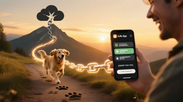 A happy off-leash dog running free with a digital trail of memories syncing directly to its owner's iLife app via the SnnyPet G761's Edge Computing architecture, symbolizing data ownership and an end to cloud dependency.