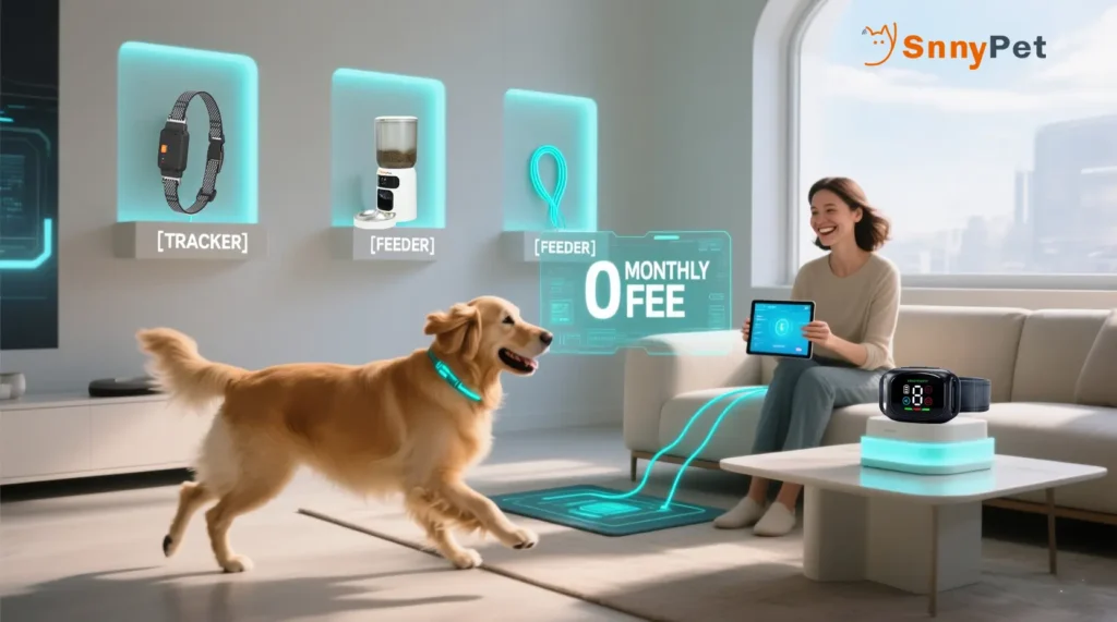 A futuristic 2026 smart home interior showing a happy pet parent and a golden retriever with glowing placeholders for a subscription-free GPS tracker, feeder, and training collar, emphasizing zero monthly fees.