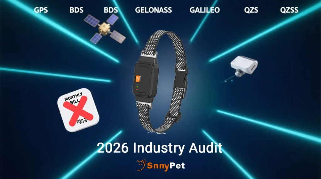 Technical diagram of 7-mode hybrid GNSS technology in SnnyPet G761 subscription-free tracker.